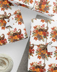 Vintage Cornucopia Thanksgiving Wrapping Paper featuring pumpkins, wheat, and roses in warm fall colors.