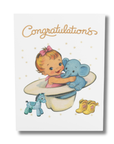 storybook baby congratulations card with little cowgirl baby and blue elephant nursery illustration