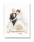 Wedding congratulations card with brunette bride and silver hair groom cutting wedding cake.