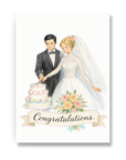 Wedding congratulations card with bride and groom cutting wedding cake
