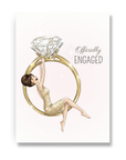 Engagement card for bride to be with brunette bride swinging from large diamond ring illustration.