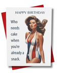 Birthday card with a unique illustration of the first lady in a red white blue swimsuit and humorous text on a white background.