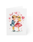 Illustration of a couple embracing with heart symbols around them on a white background