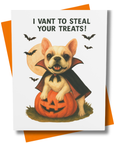 Retro-style greeting card features a French Bulldog dressed as a vampire, perched on a smiling jack-o’-lantern under a full moon.