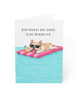 Birthday card with a frenchie dog on a pool float and text 'Birthdays are hard. Stay Hydrated.'