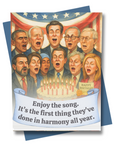 Birthday card with illustration politicians, pelosi, biden, obama, schumer, kennedy, blackburn, omar, mitch mconnell, ted cruz, josh hawley, singing, happy birthday