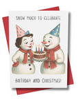 Funny combined Christmas and birthday card vintage snowman couple in party hats sharing a birthday cake, perfect for December birthdays near the holidays