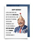 Birthday card with a humorous message and Trump in a birthday hat.