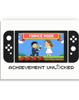 Gamer engagement card with pixel proposal scene and text Fiancé Mode Achievement Unlocked.