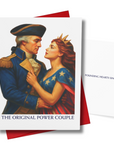 Card with illustration of George Washington and America embracing with text that reads, The Original Power Couple on a white background with a red envelope.