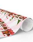 Roll of Christmas-themed wrapping paper with gingerbread train reindeer and candy cane design on a white background