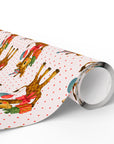 Animal theme wrapping paper for childrens birthdays featuring a giraffe wearing a party hat with balloons and presents on dotted background