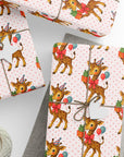 Animal theme wrapping paper for childrens birthdays featuring a giraffe wearing a party hat with balloons and presents on dotted background
