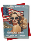 the gulf of america happy birthday card with a retro blond in sunglasses with patriotic flag in the gulf of america