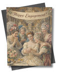 Vintage-style card with women in formal attire and 'Happy Engagement!' text.