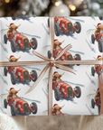 Christmas wrapping paper roll featuring a highland cow in a vintage red race car.