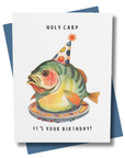 Funny birthday card for fisherman featuring a fish in a party hat and the phrase “Holy Carp It’s Your Birthday” perfect birthday card for fly fishermen and anglers.