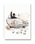 Wedding congratulations card with blonde bride and dark hair groom driving away in just married 1960s convertible wedding car.