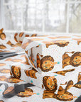 Birthday wrapping paper featuring a retro lion wearing party hat on a white background.