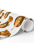 Birthday wrapping paper featuring a retro lion wearing party hat on a white background.