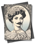 Vintage-style greeting card with a woman's portrait and floral headpiece on a white background