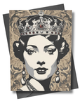 Greeting card with a stylized illustration of a woman wearing a crown on a decorative background