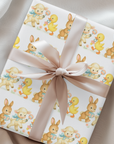 Bunny lamb and duckling baby wrapping paper, 1950s style storybook illustration in pastels.