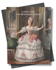 Vintage Rococo illustration of a powdered wig queen in an ornate Versailles palace reading Long Live the Birthday Queen.