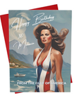 Greeting card with a stylized illustration of a melania inspired woman in a patriotic swimsuit, set against a scenic image of the gulf of america