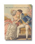 Vintage-style illustration of a couple kissing with 'My Heart is Entirely Yours' text.