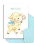 New baby greeting card with a lamb holding a rattle and 'Baa-by Joy!' text, featuring a matching blue envelope.