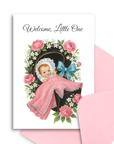 Greeting card with a baby illustration and floral design, featuring the text 'Welcome, Little One'.