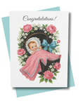 Vintage Floral Cradle with Pink Blanket New Baby Card