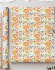 vintage style baby shower wrapping paper with peach blossoms and bluebirds