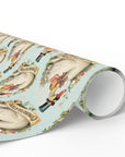 Roll of vintage-style baby wrapping paper of a swan carrying a baby on a light background.