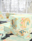 Vintage baby shower wrapping paper with stork, lamb, bunny & toys