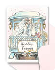 Vintage honeymoon train wedding card with bride and groom waving from train balcony and sign reading Next Stop Forever with a coordinating pink envelope.