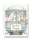 Vintage honeymoon train wedding card with bride and groom waving from train balcony and sign reading Next Stop Forever.