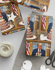 Funny political birthday wrapping paper featuring a White House cake scene and Oval Office background pro-America gift wrap -Top