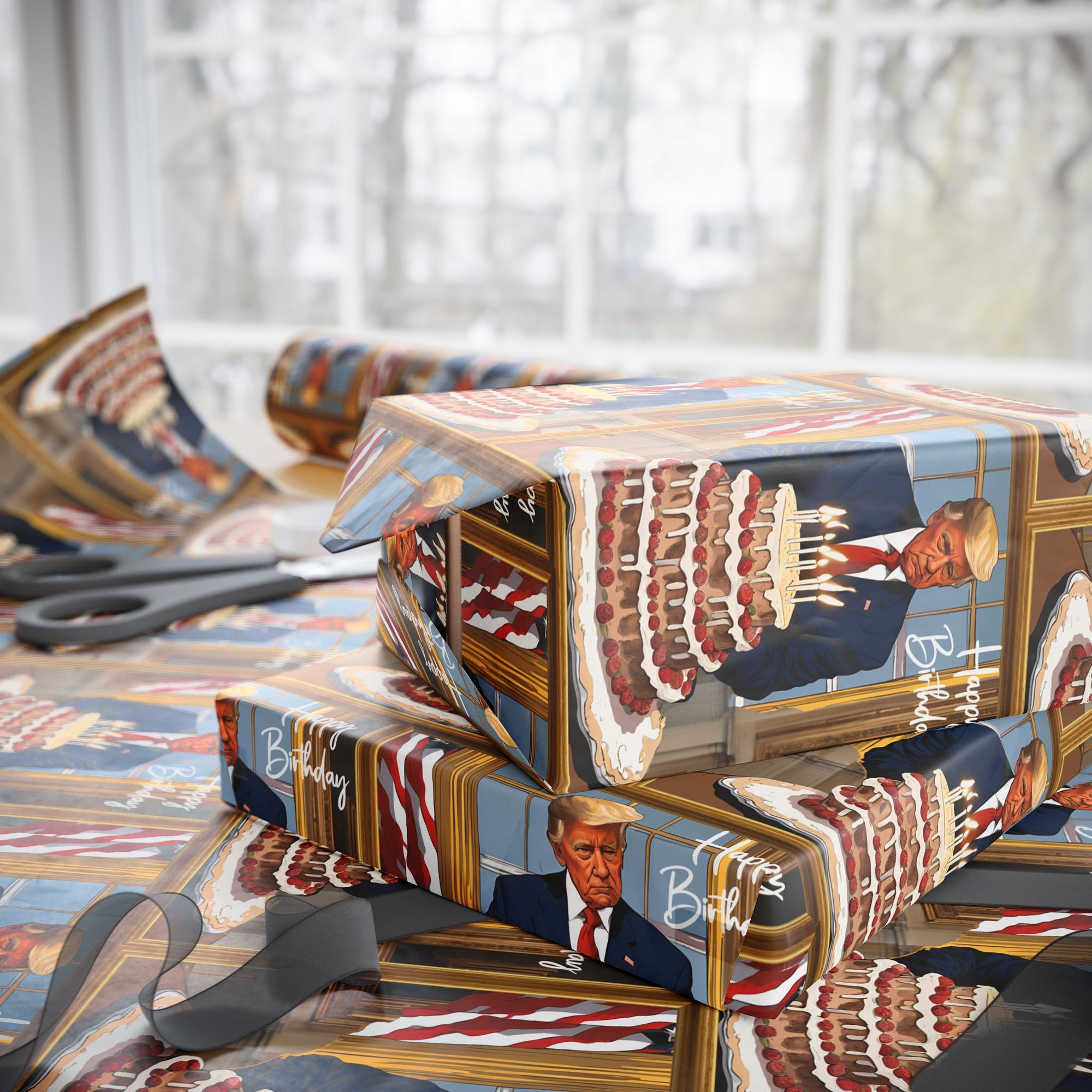 Funny political birthday wrapping paper featuring a White House cake scene and Oval Office background – pro-America gift wrap -side view