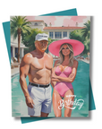 Front cover of Palm Beach Political Birthday Card featuring the President and First Lady poolside