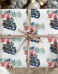 Gift wrapped in Santa Claus on a motorcycle with American flags pattern.