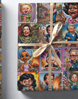 Gift wrapped package in a funny political wrapping paper with politicians like Linsey Graham, hillary clinton, pocahantus warren, chuck schumer, maxine Waters, nancy pelosi and more depicted in the swamp