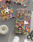 Gift wrapped package in a funny political wrapping paper with politicians like Linsey Graham, hillary clinton, pocahantus warren, chuck schumer, maxine Waters, nancy pelosi and more depicted in the swamp table view