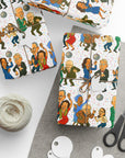 packages wrapped in a pattern of caricatured politicians like nancy pelosi, kamala Harris, Chuck Schumer, bernie sanders, joe biden, mitch mcconnell, ilhan omar, adam schiff dancing on a confetti background