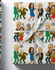 Gift box wrapped with a pattern of caricatured politicians like nancy pelosi, kamala Harris, Chuck Schumer, bernie sanders, joe biden, mitch mcconnell, ilhan omar, adam schiff dancing on a confetti background