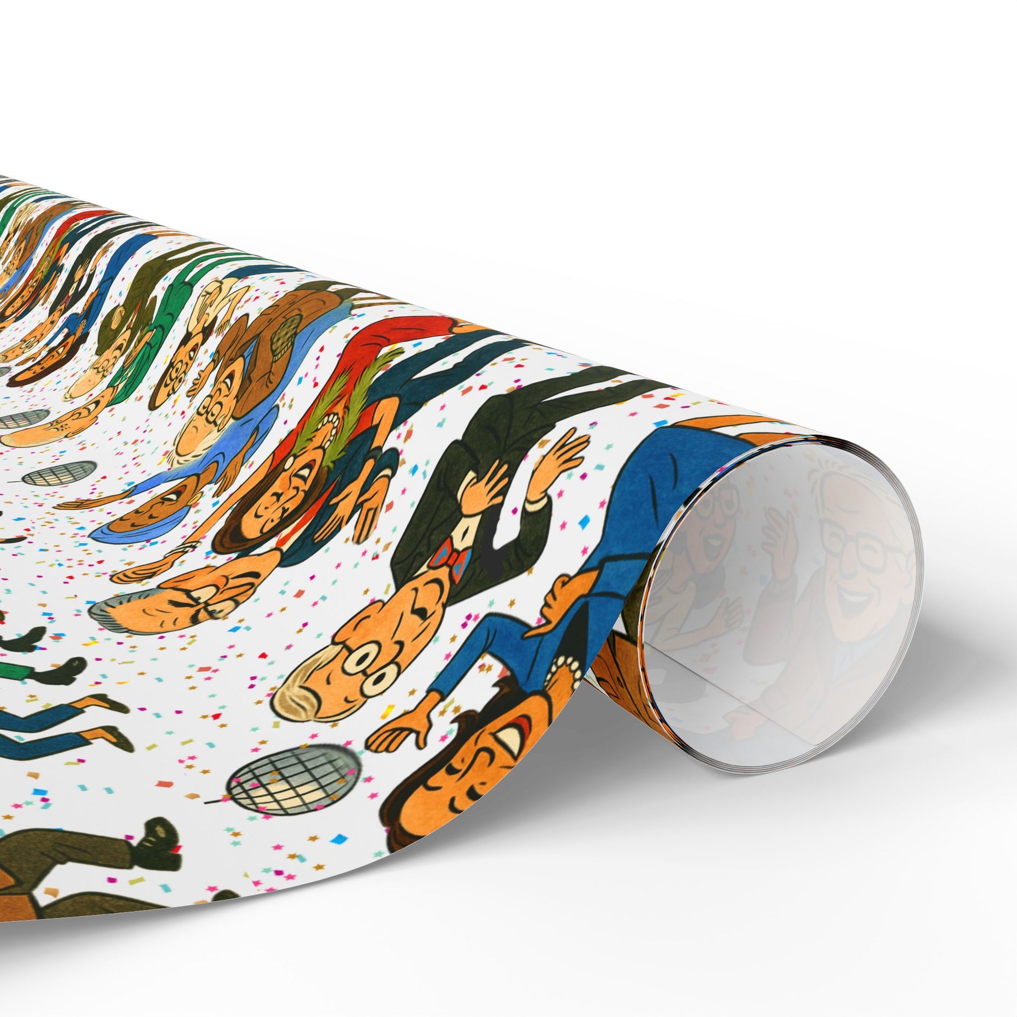 wrapping paper roll with a pattern of caricatured politicians like nancy pelosi, kamala Harris, Chuck Schumer, bernie sanders, joe biden, mitch mcconnell, ilhan omar, adam schiff dancing on a confetti background