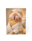 greeting card with am Illustration of a pomeranian dog in a bathrobe with a towel on its head, sitting by a candle.