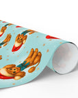 Roll of Chrimstas themed wrapping paper featuring a darling vintage poodle in a santa cap on an aqua background.