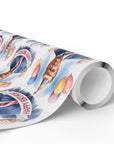 Gift wrap with a birthday-themed design featuring POTUS in a suit carrying balloons and a birthday banner roll